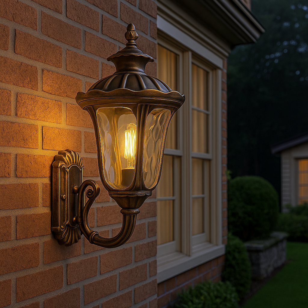 Antique outdoor wall lamp in brown finish mounted on stone wall