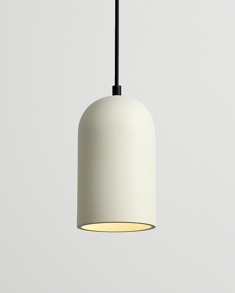 White minimalist cement pendant in contemporary bar setting