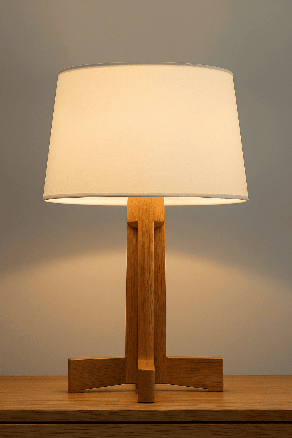 Enso floor lamp in wooden finish beside modern sofa