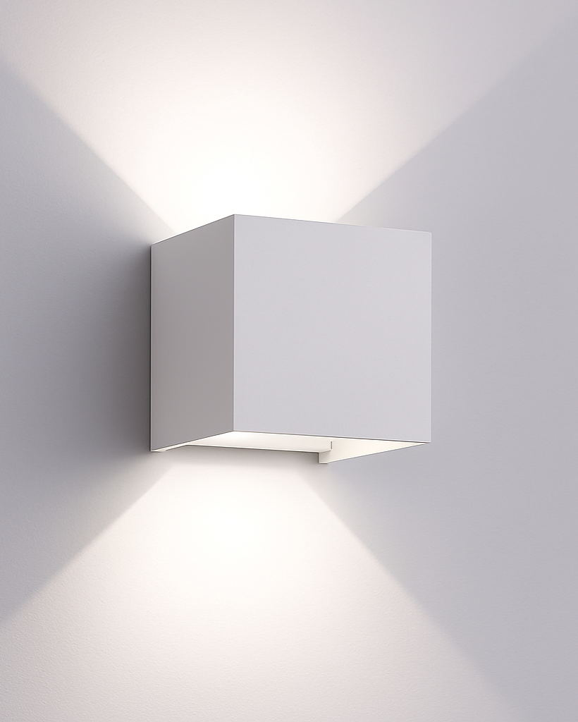 Square LED wall lamp mounted outside a modern home
