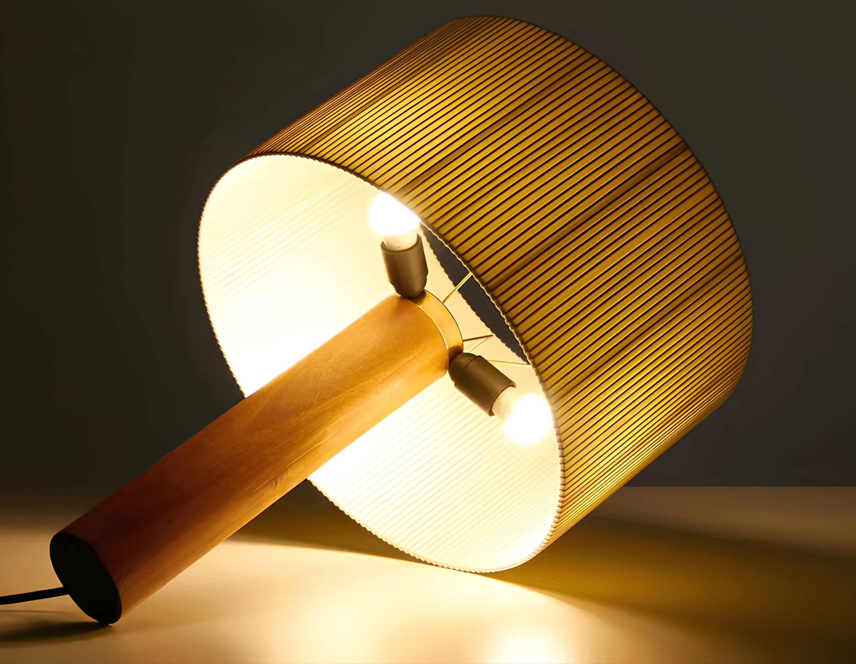 Hako table lamp with dark wood base and fabric shade