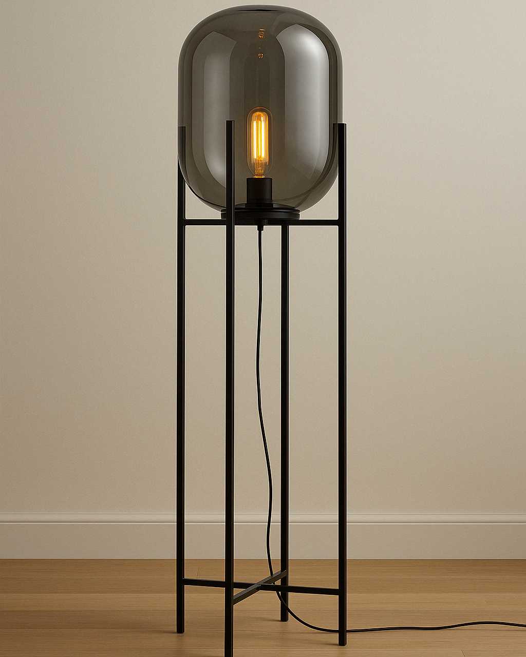 Minimalist floor lamp with smoked glass globe and metal base