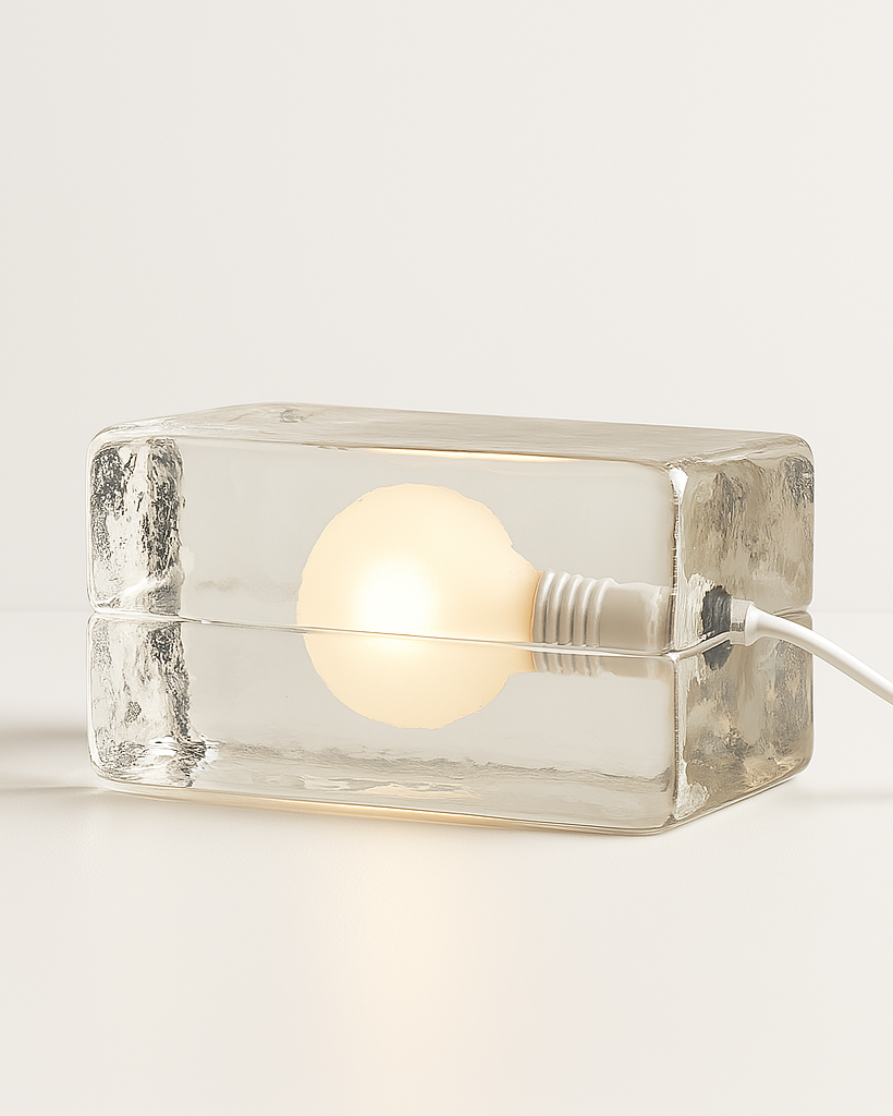 Ice cube style clear glass table lamp with warm LED glow