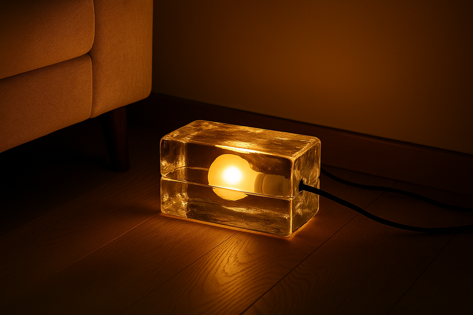 Compact bedside lamp with sculptural clear glass body