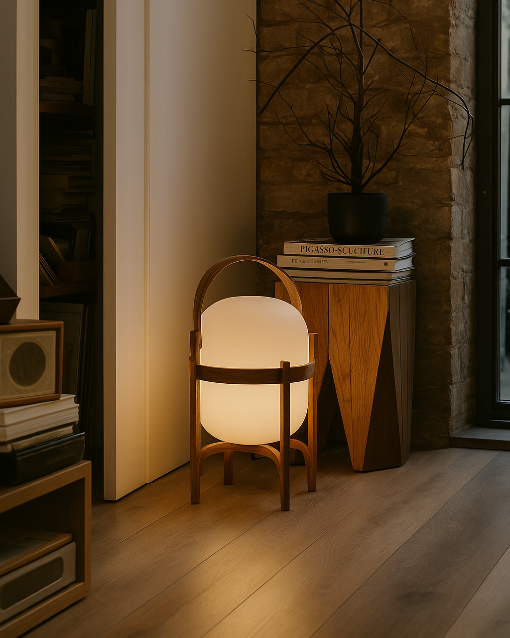 Japandi-style table lamp with natural wood base and round glass shade