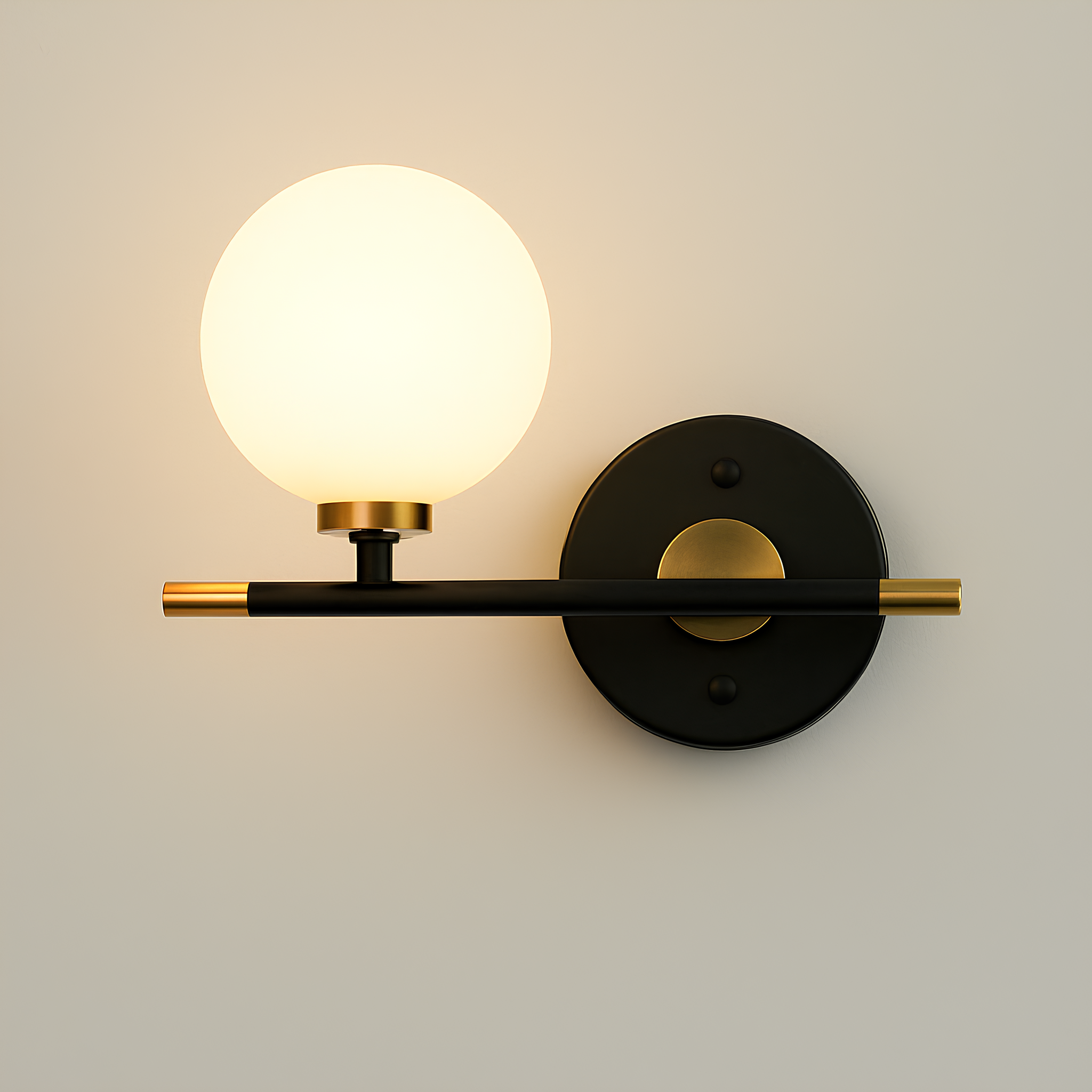 Minimalist gold glass wall lamp with warm LED lighting, modern decor style.
