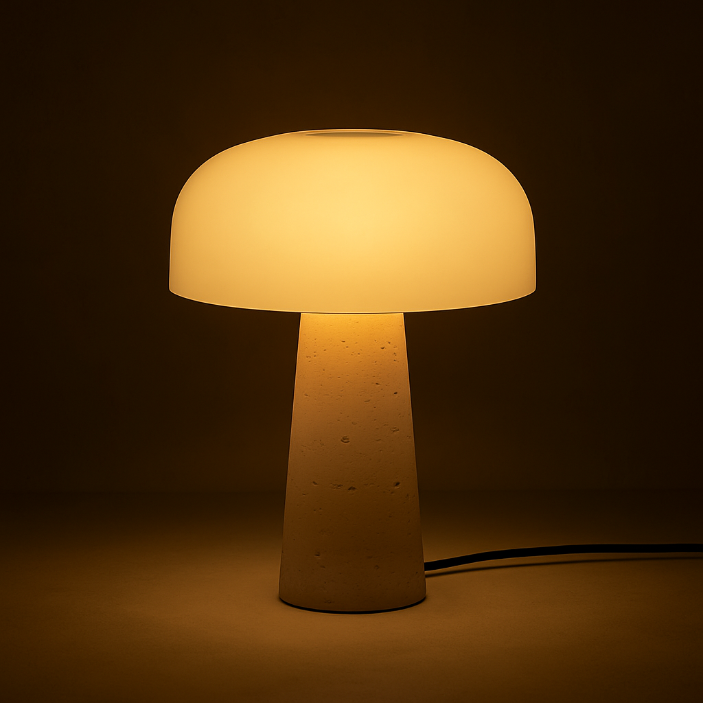 Marle Table Lamp – Travertine & Sandy Glass Mushroom Light - TheMinimalObject