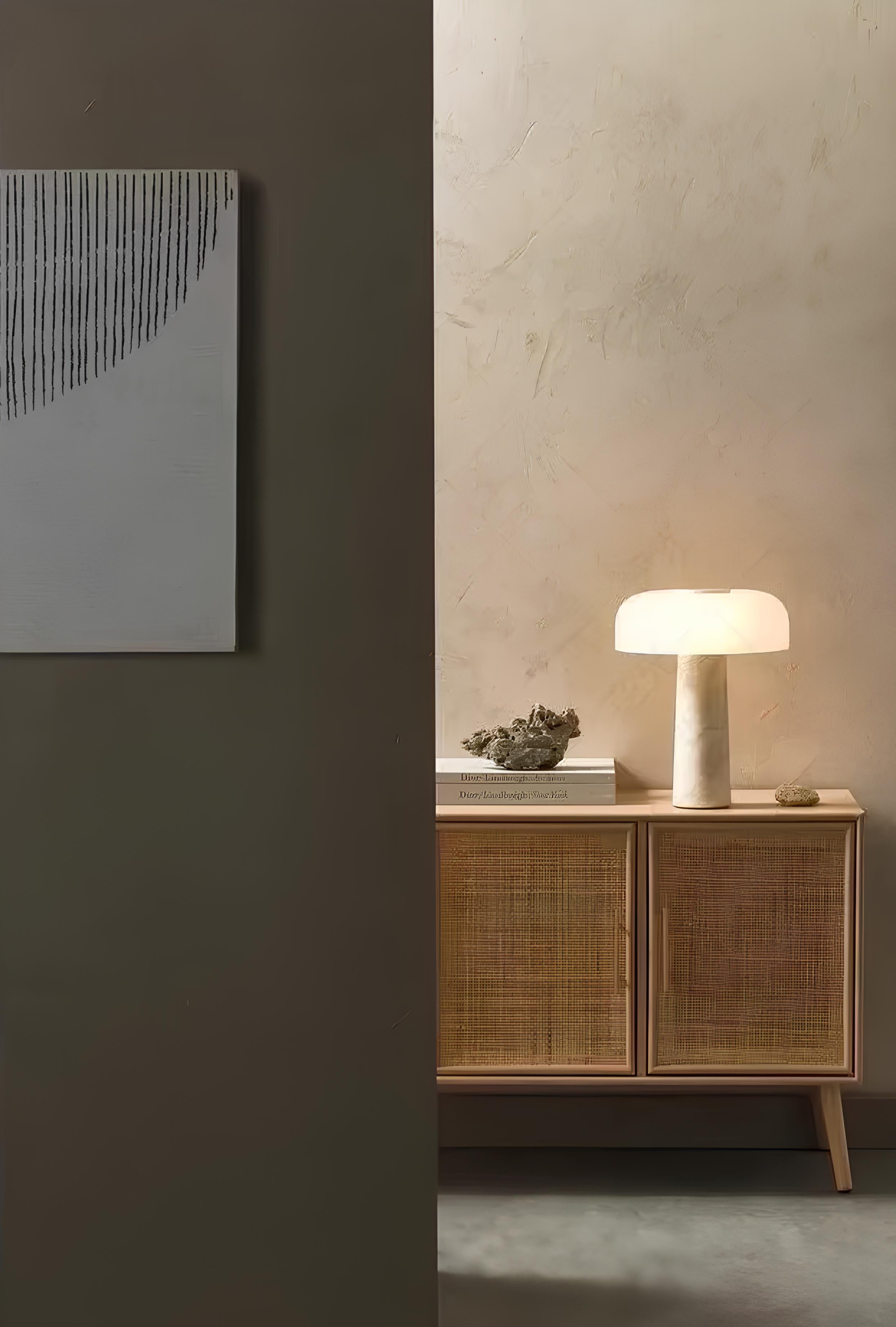 Marle Table Lamp – Travertine & Sandy Glass Mushroom Light - TheMinimalObject