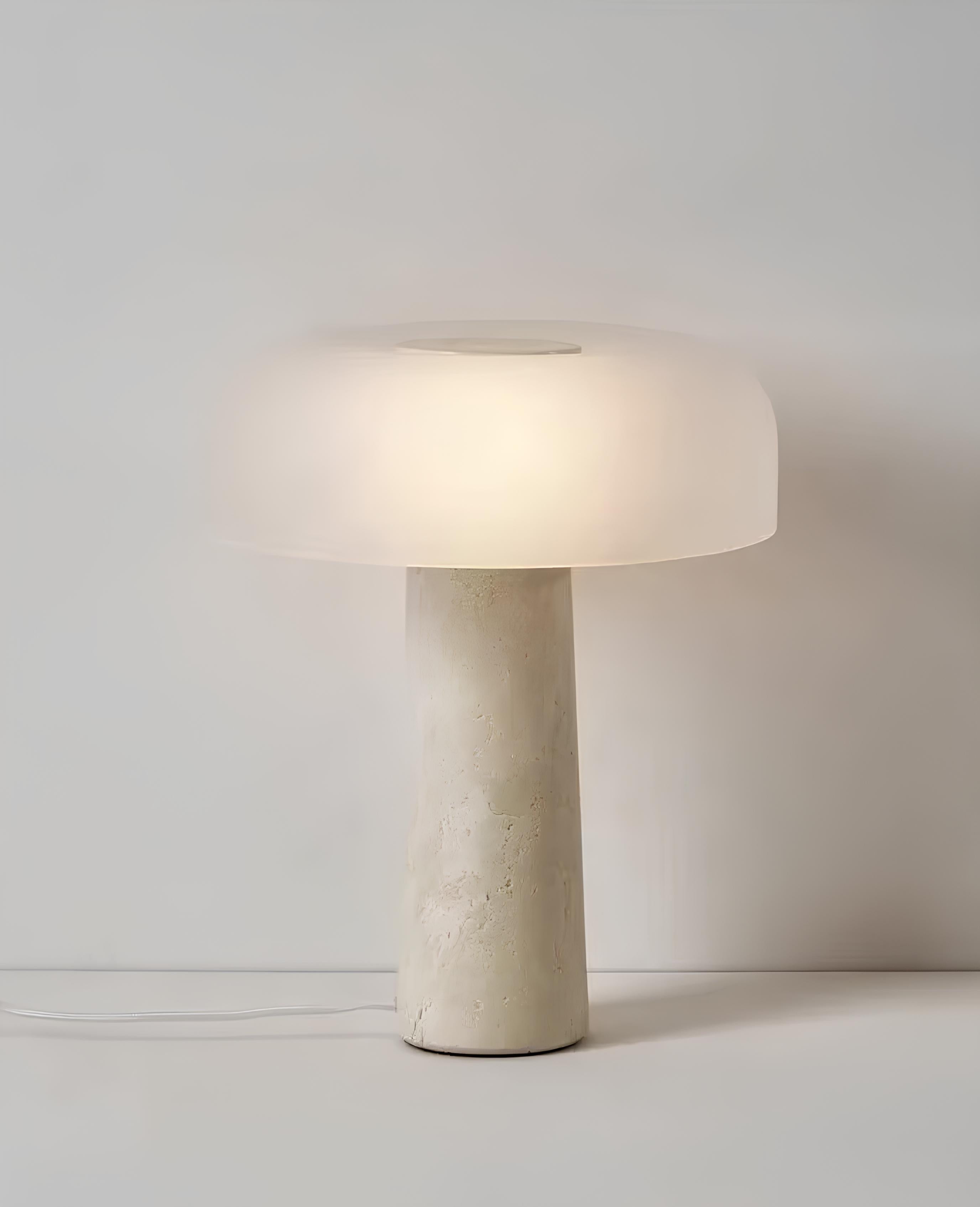 Marle Table Lamp – Travertine & Sandy Glass Mushroom Light - TheMinimalObject