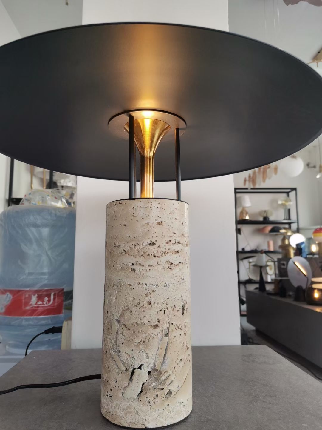 Milo Table Lamp – Travertine Base with Mushroom Shade - TheMinimalObject