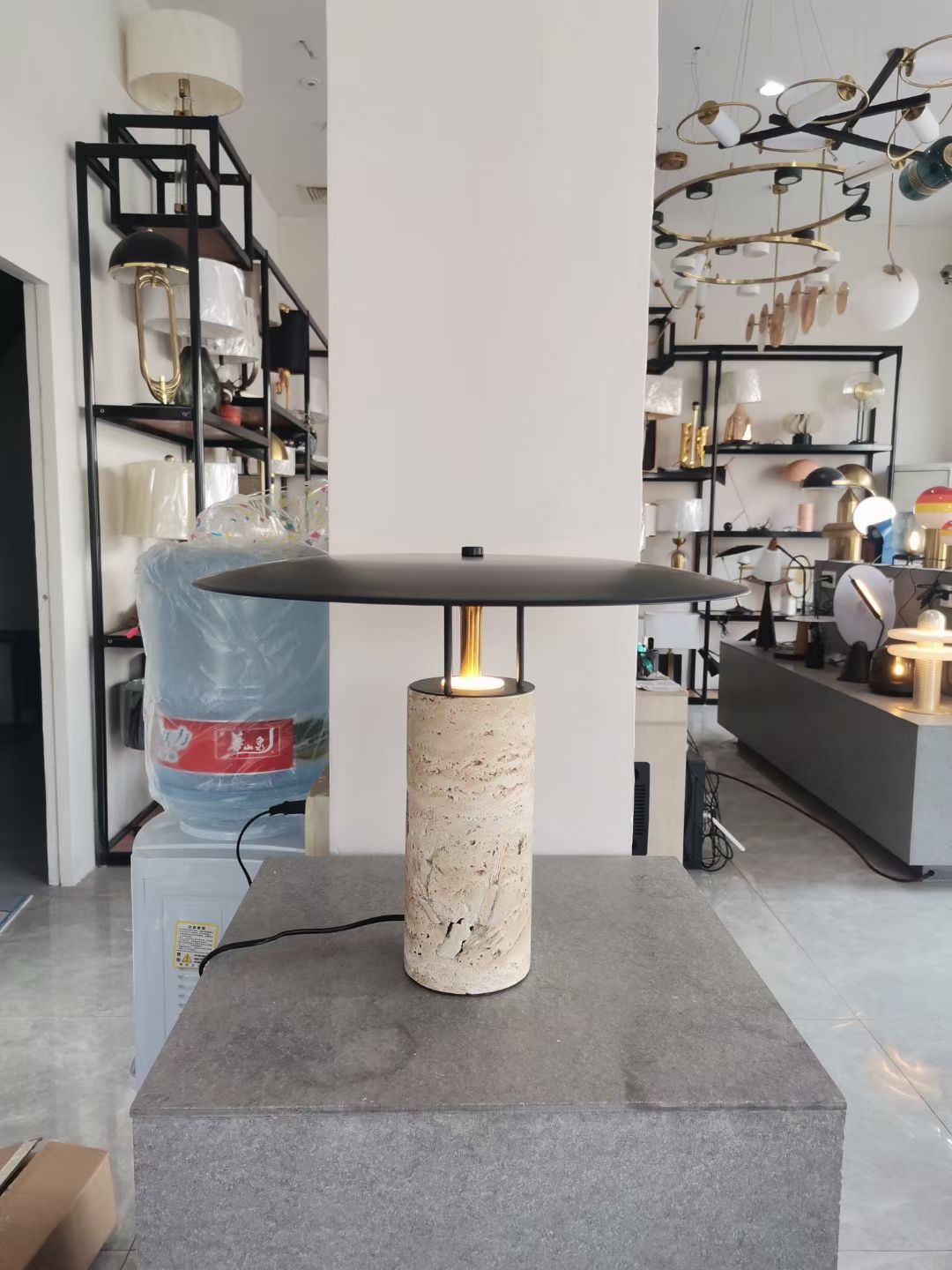 Milo Table Lamp – Travertine Base with Mushroom Shade - TheMinimalObject