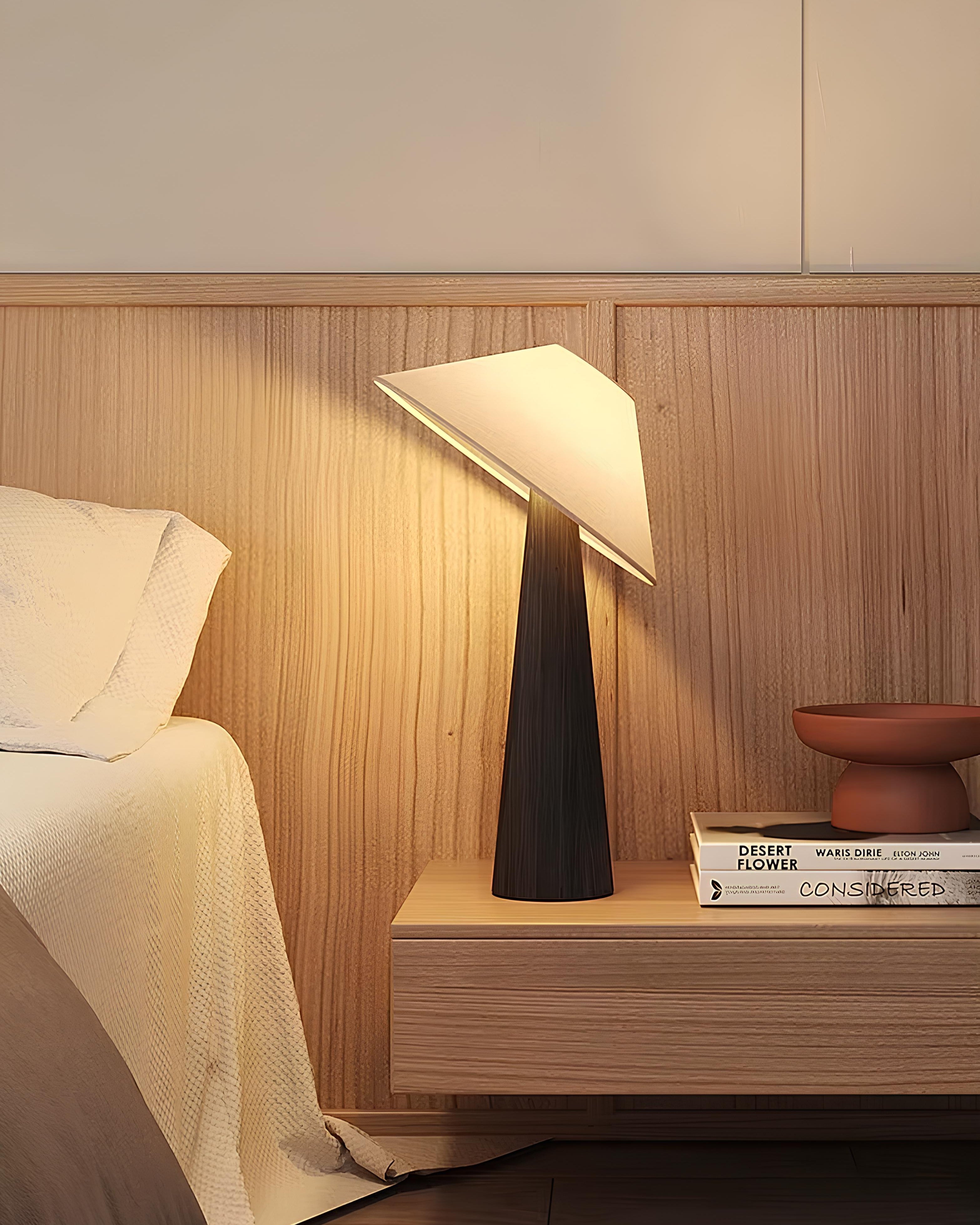 Nami floor lamp in wood finish next to low tea table