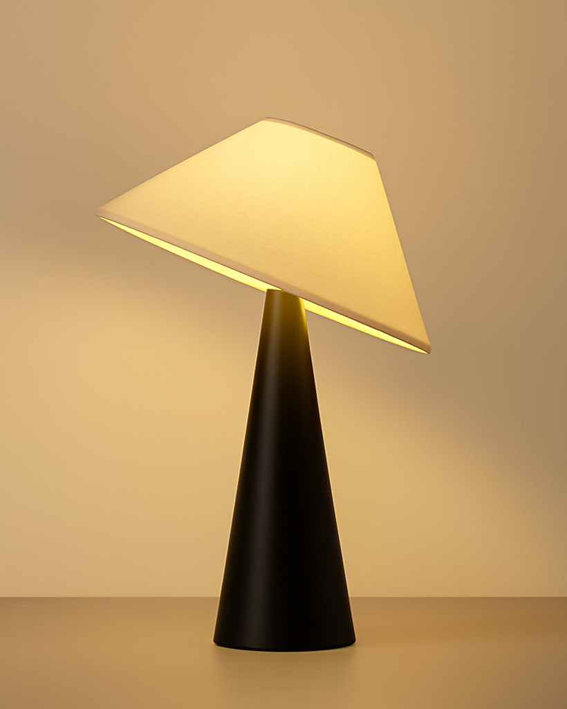 Warm glow from low-profile wooden floor lamp