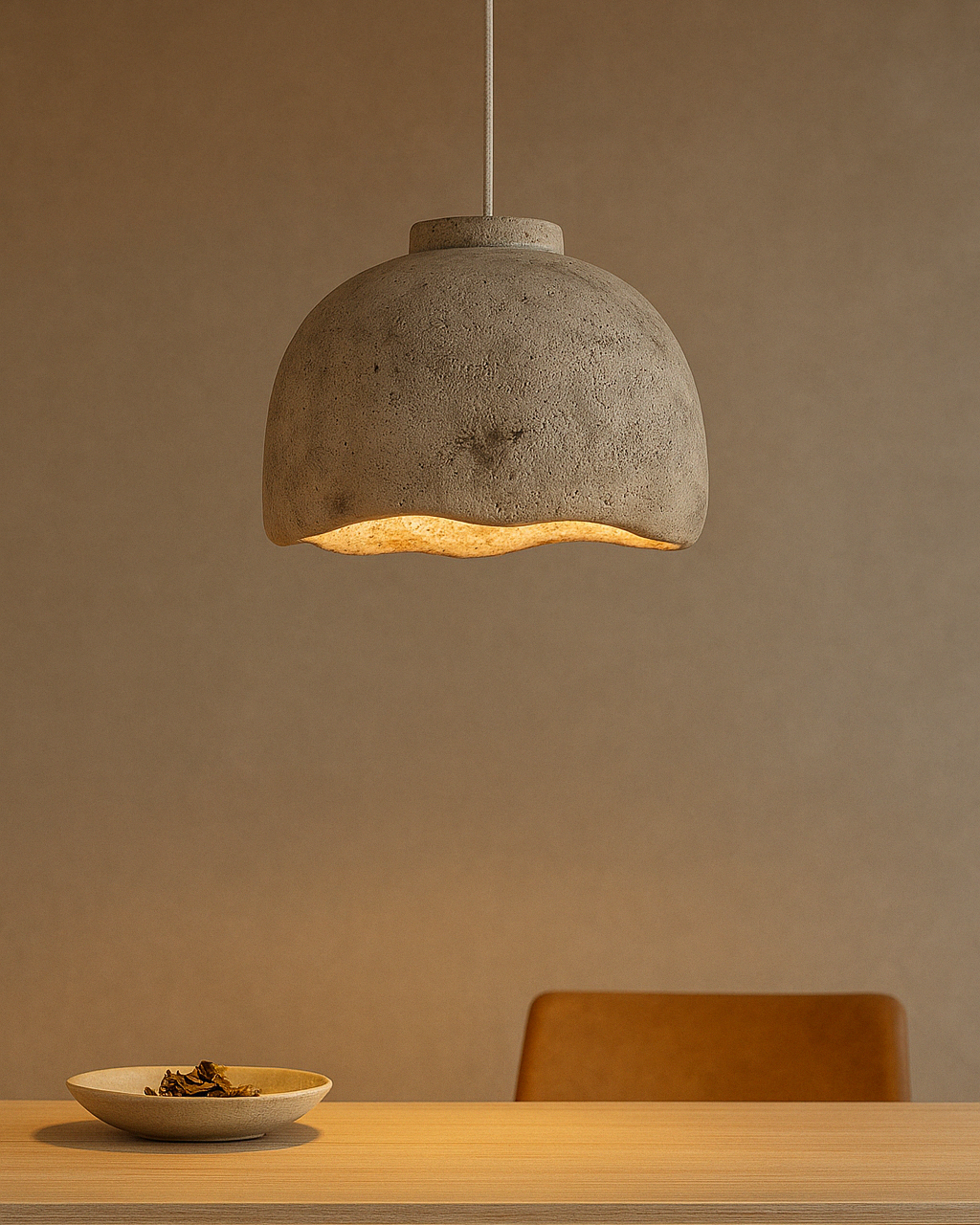 Minimal grey pendant light with organic shape and daylight glow