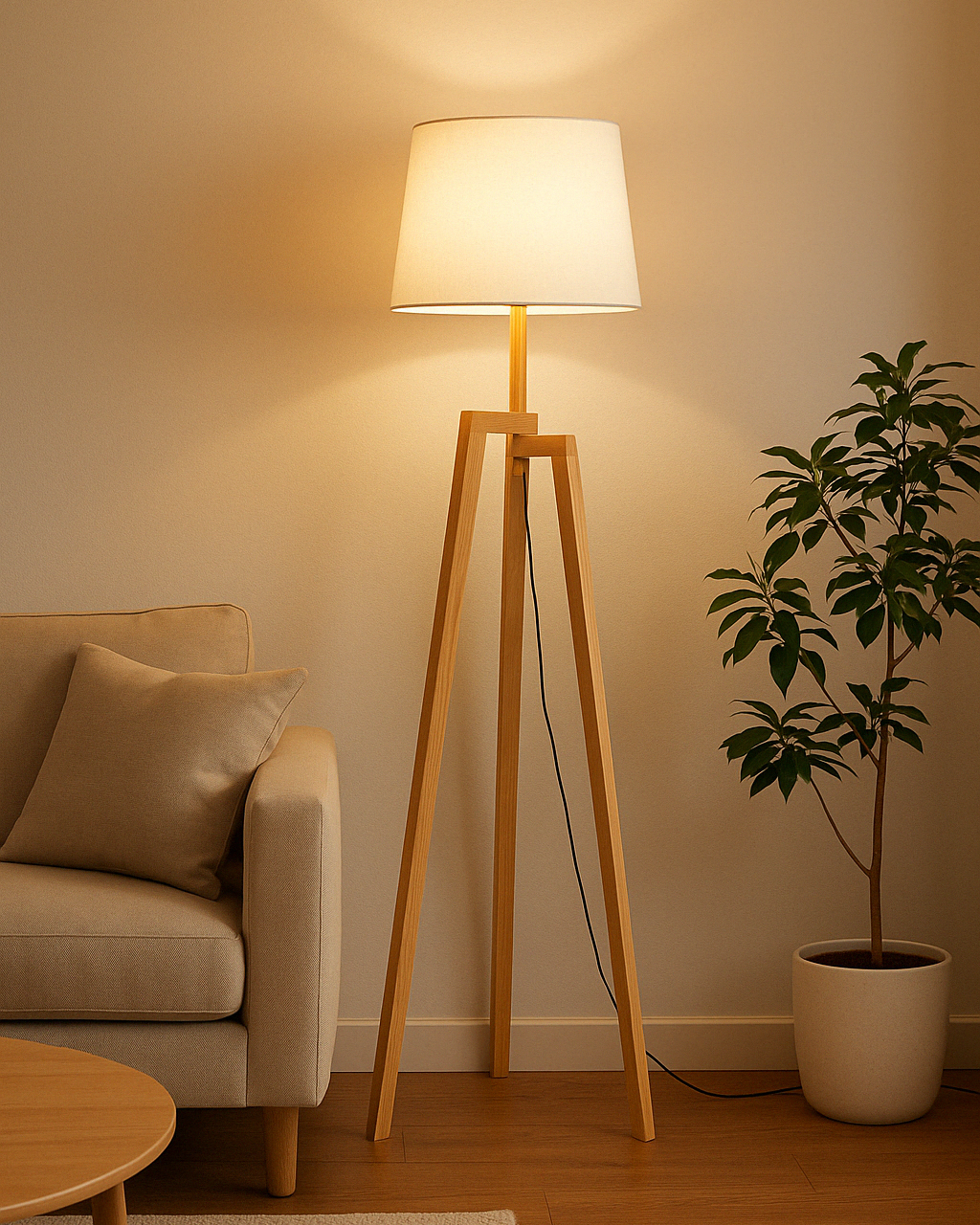 Wooden tripod floor lamp with fabric drum shade in neutral tone