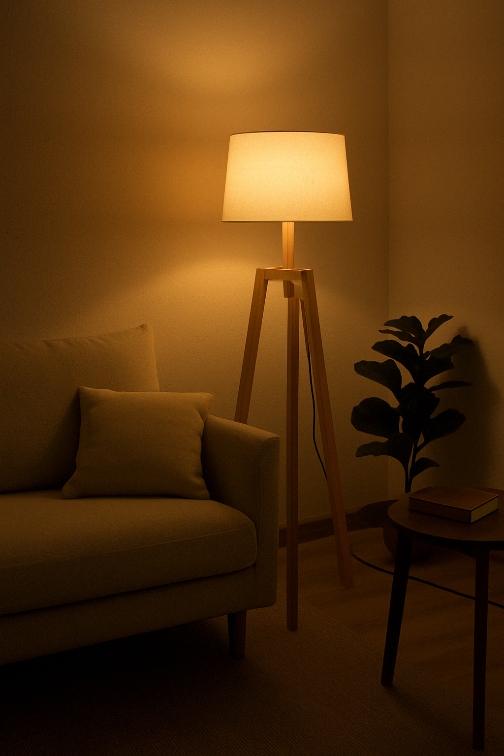Japandi-style floor light with warm white glow