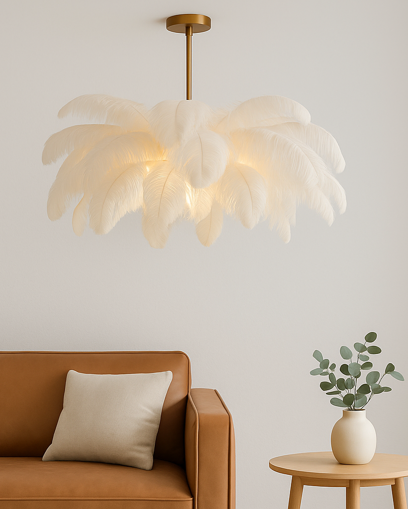 White Nordic feather chandelier hanging in modern bedroom