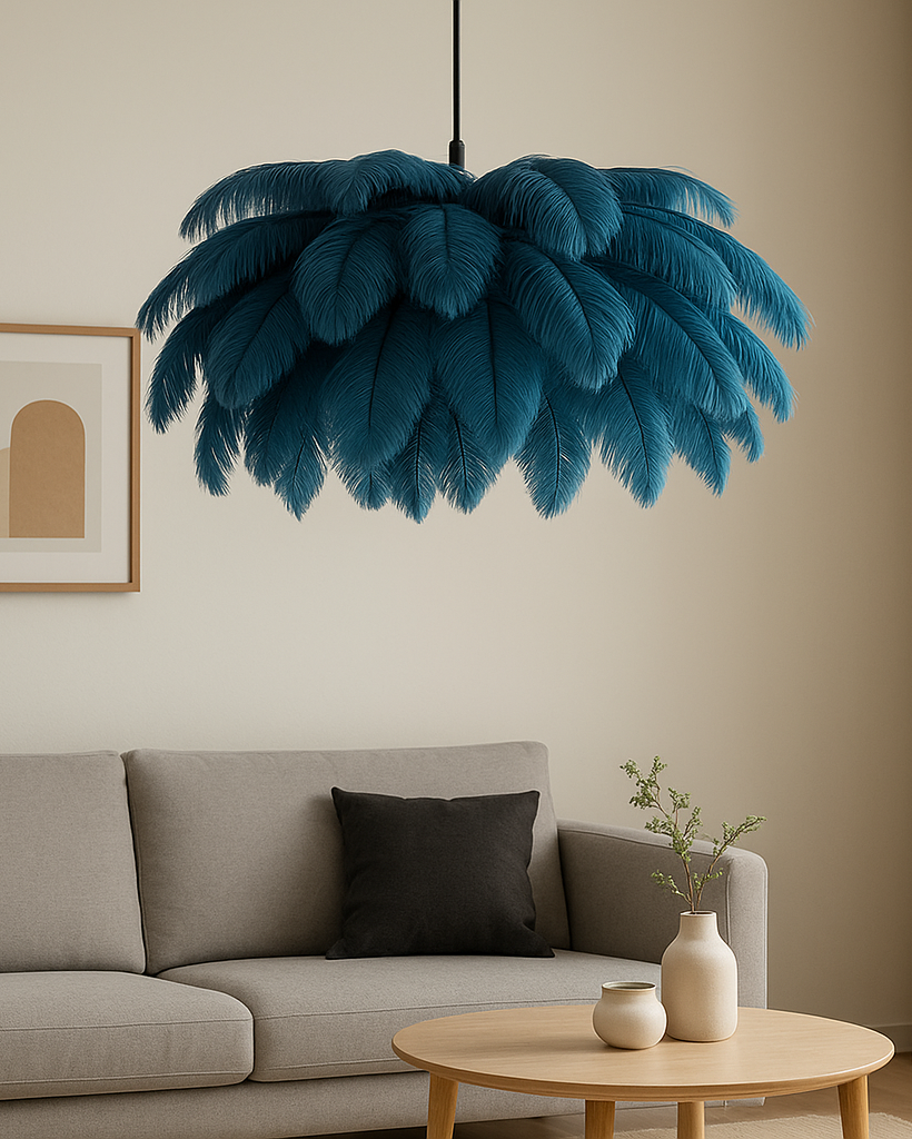 blue version of Nordic chandelier in minimalist living room
