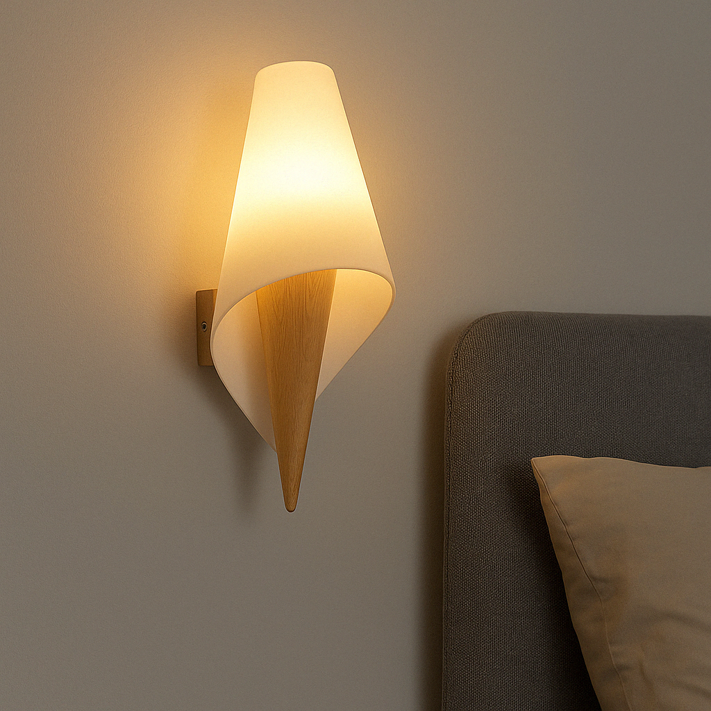 Nordic-style bedroom lighting with natural wood base
