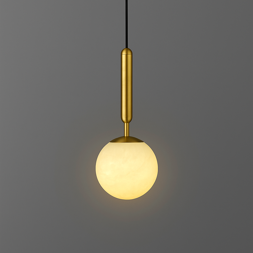 Modern white stone pendant hanging over kitchen island