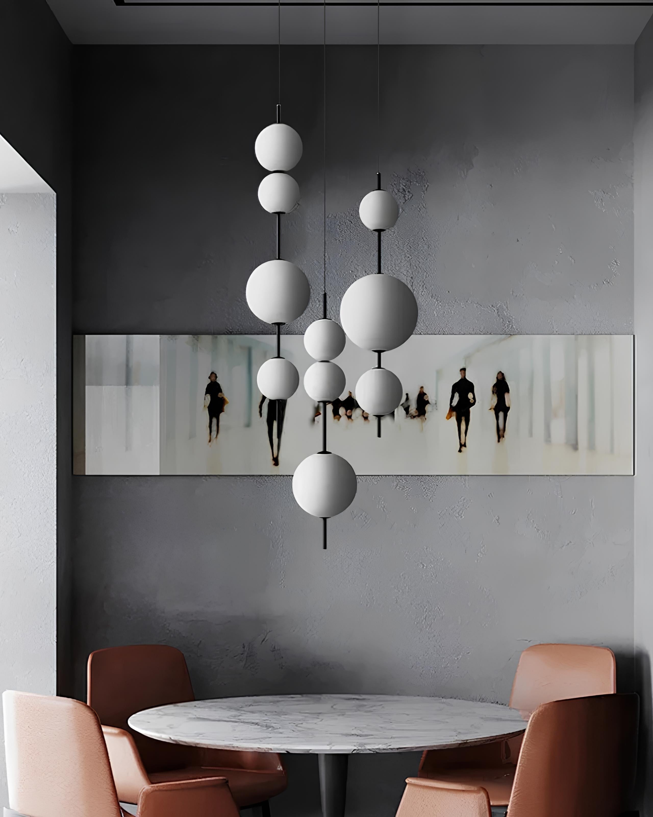 Set of 3 white glass globe pendant lights – minimalist Nordic chandelier trio with soft LED glow