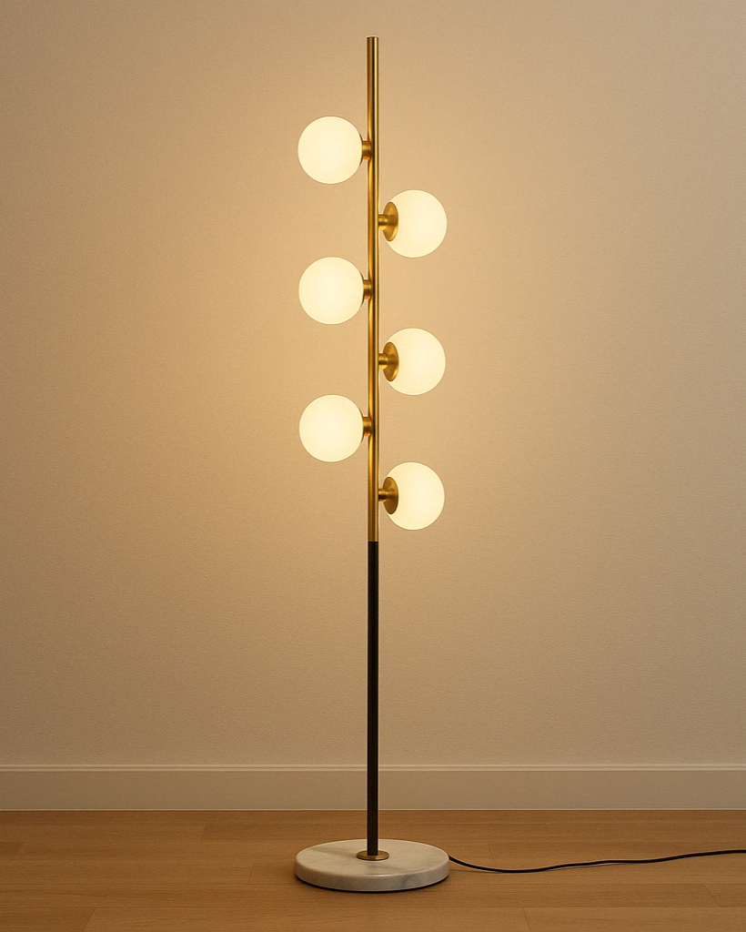 Minimalist floor lamp with white glass globe and marble base