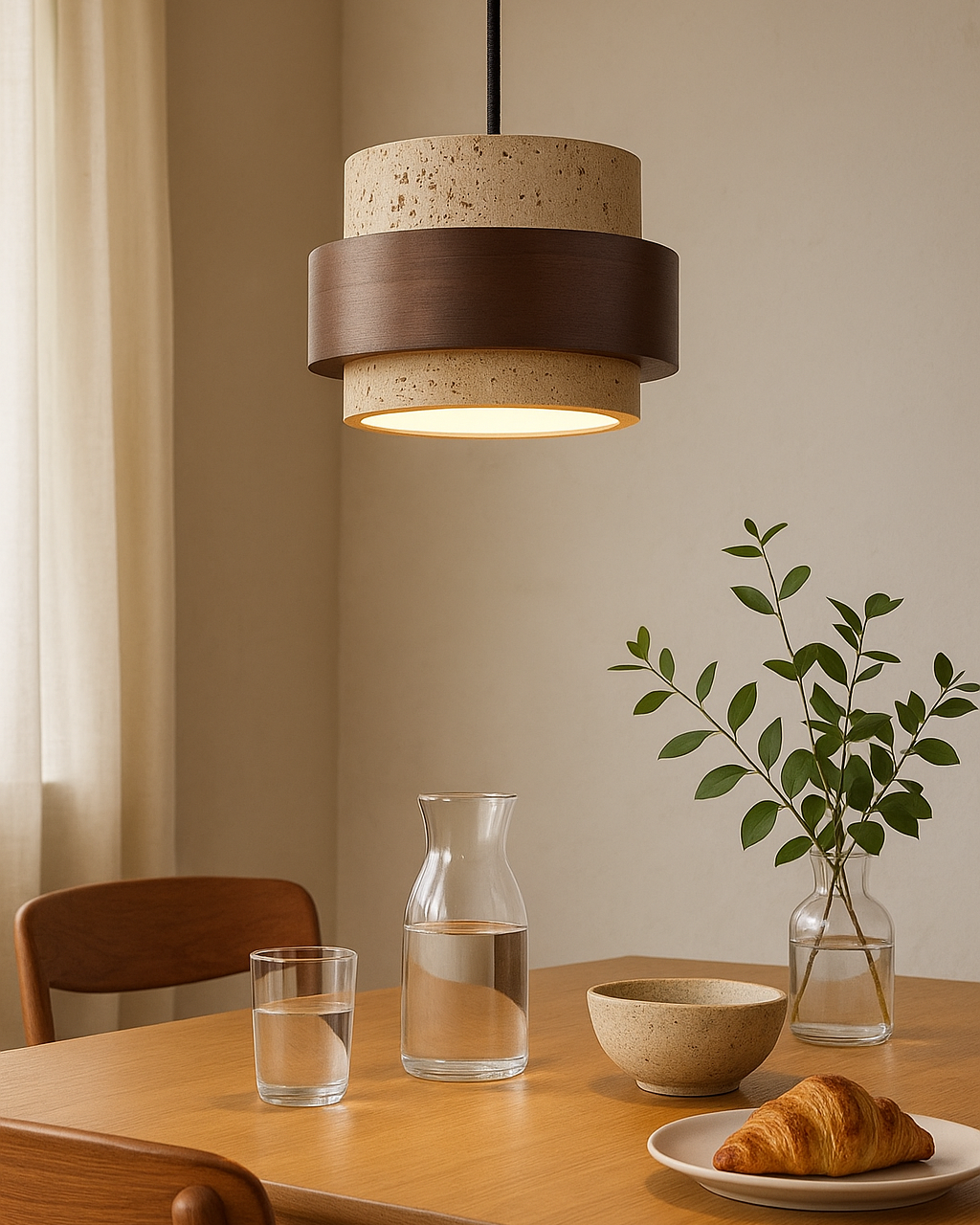 Stone & Wood Pendant Light – Warm Minimalist Bedside Fixture - TheMinimalObject