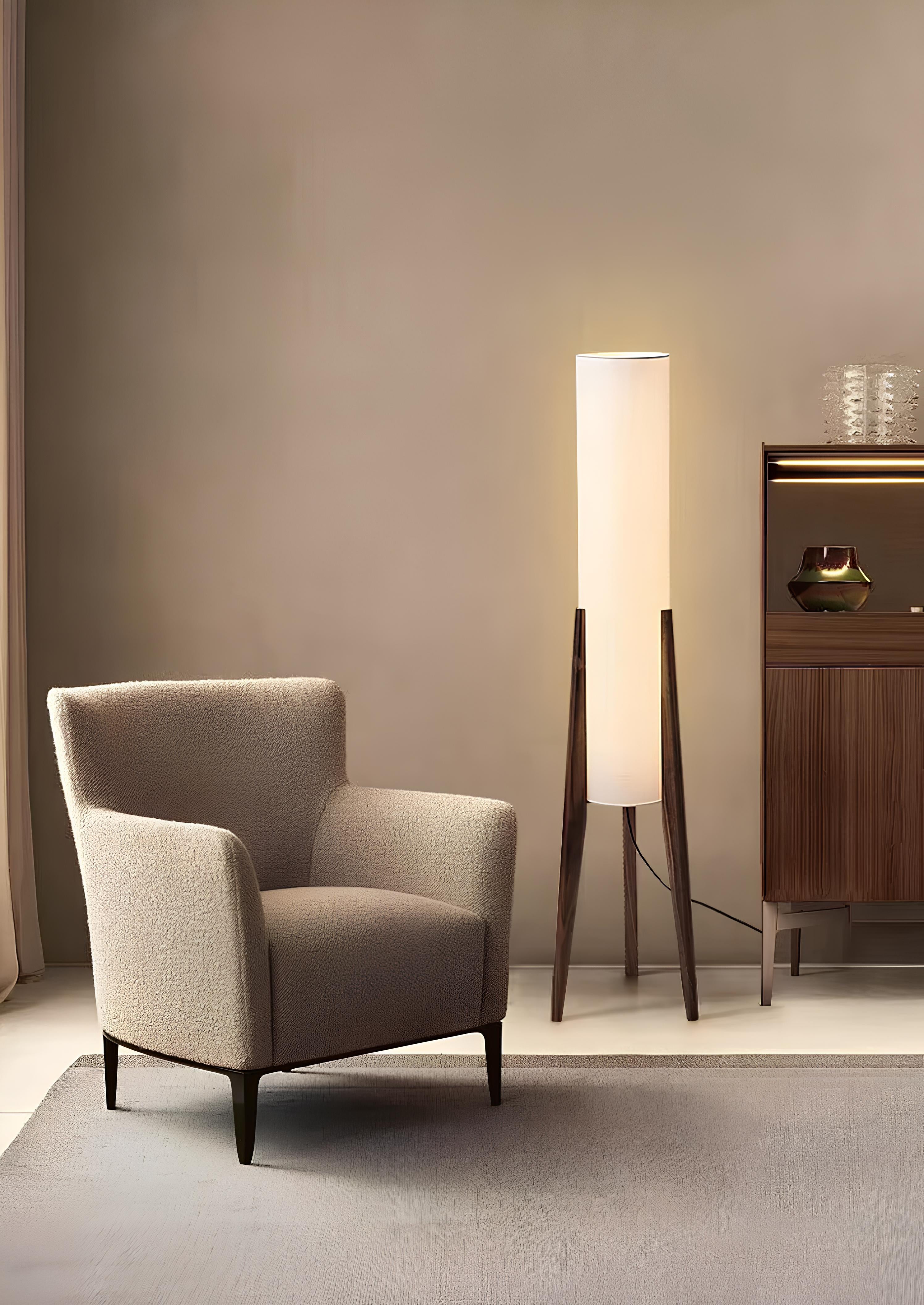 Wabi-sabi fabric shade with solid wood base in living room