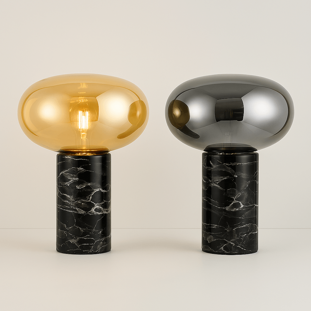 Warm LED light glowing from round glass lamp shade
