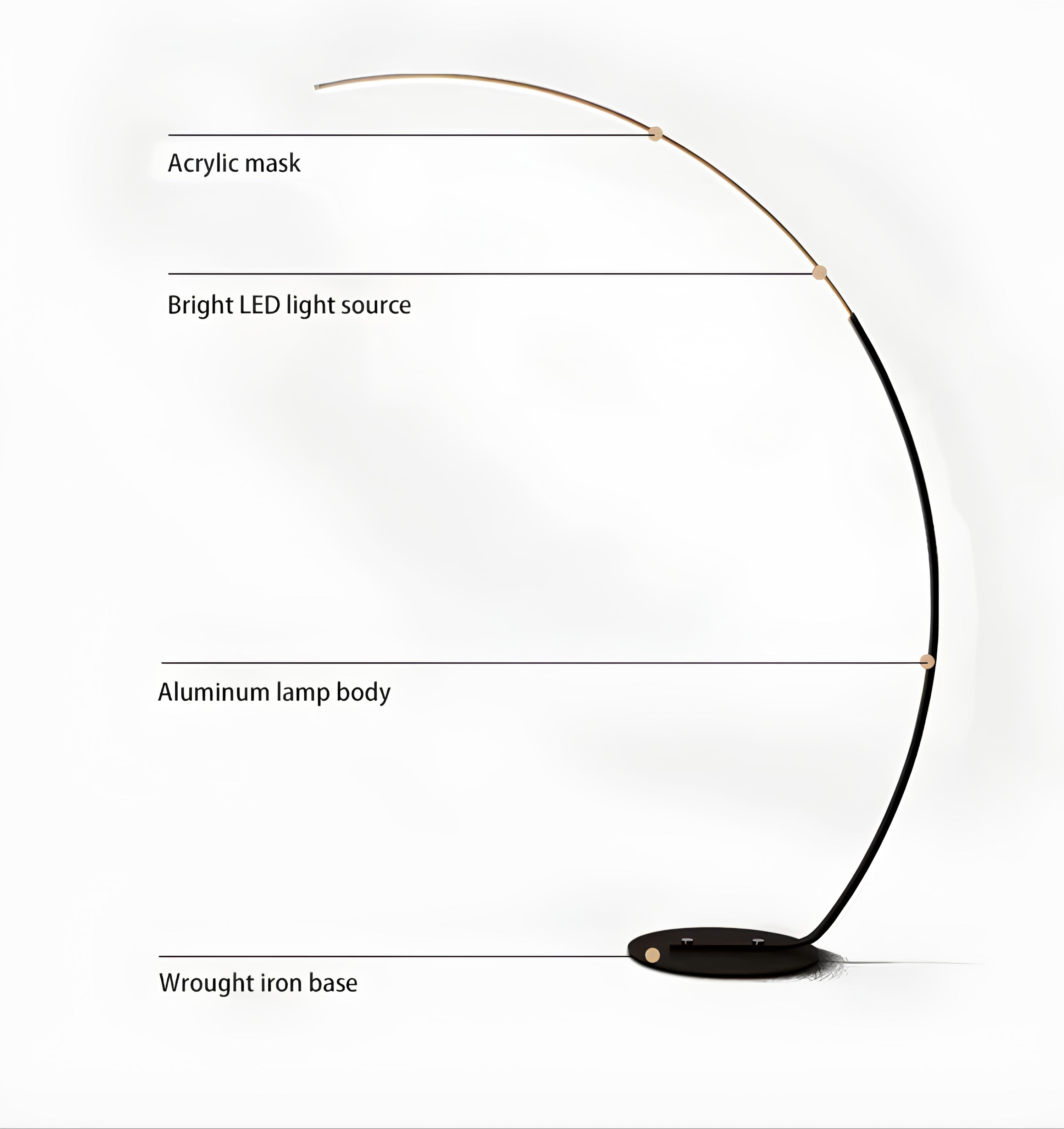 Modern standing arc lamp in matte black with warm light