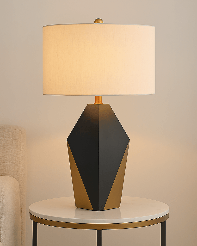 Black iron table lamp with fabric shade for reading or desk use