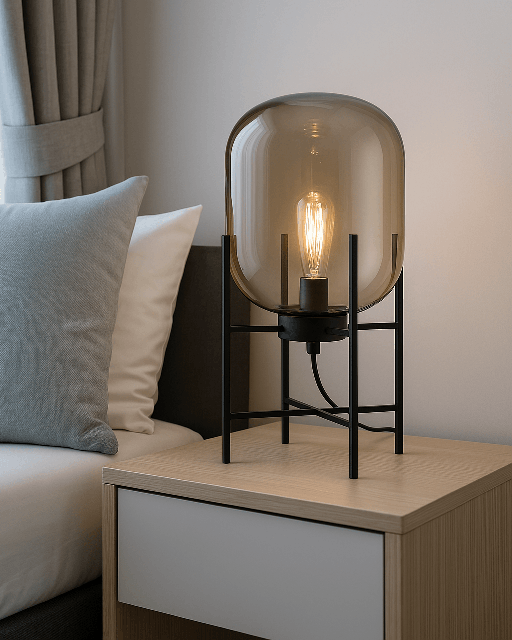 Amber glass table lamp with modern metal tripod base