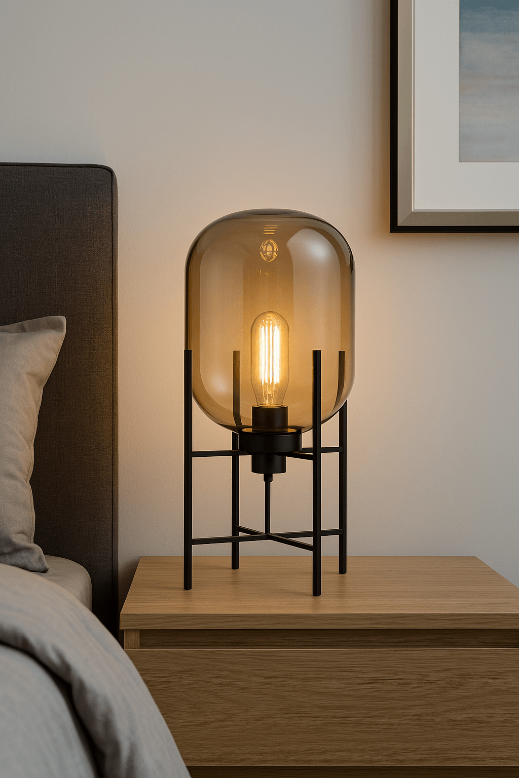 Nordic bedside lamp with soft amber glow in bedroom setting
