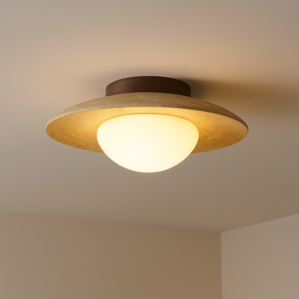 Round surface-mounted ceiling lamp with central opening and stone texture