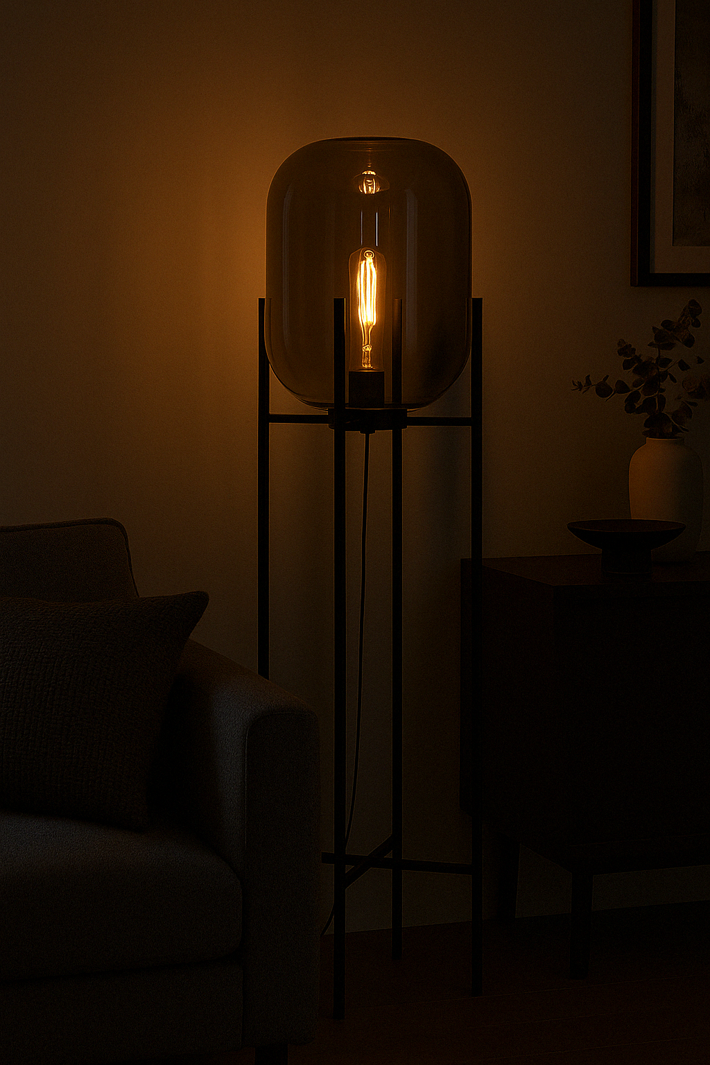 Sculptural glass floor lamp for living room or bedroom