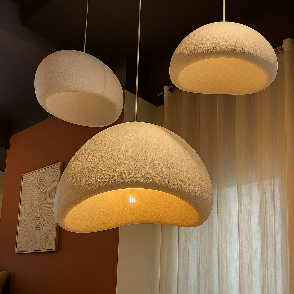 Wabi Sabi inspired hanging light with polystyrene shade