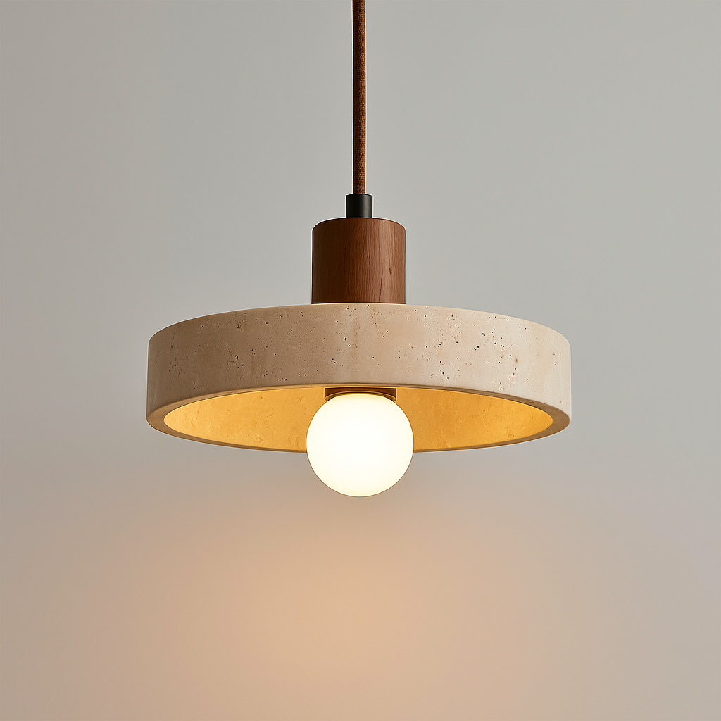 Stone and wood hanging light in modern wabi-sabi interior