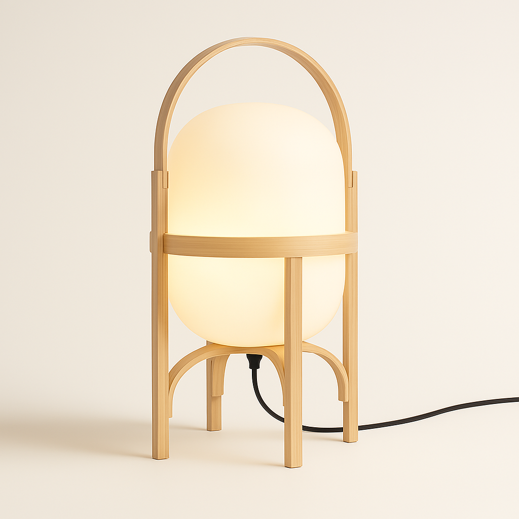 Warm bedside lamp with wooden body and soft LED glow