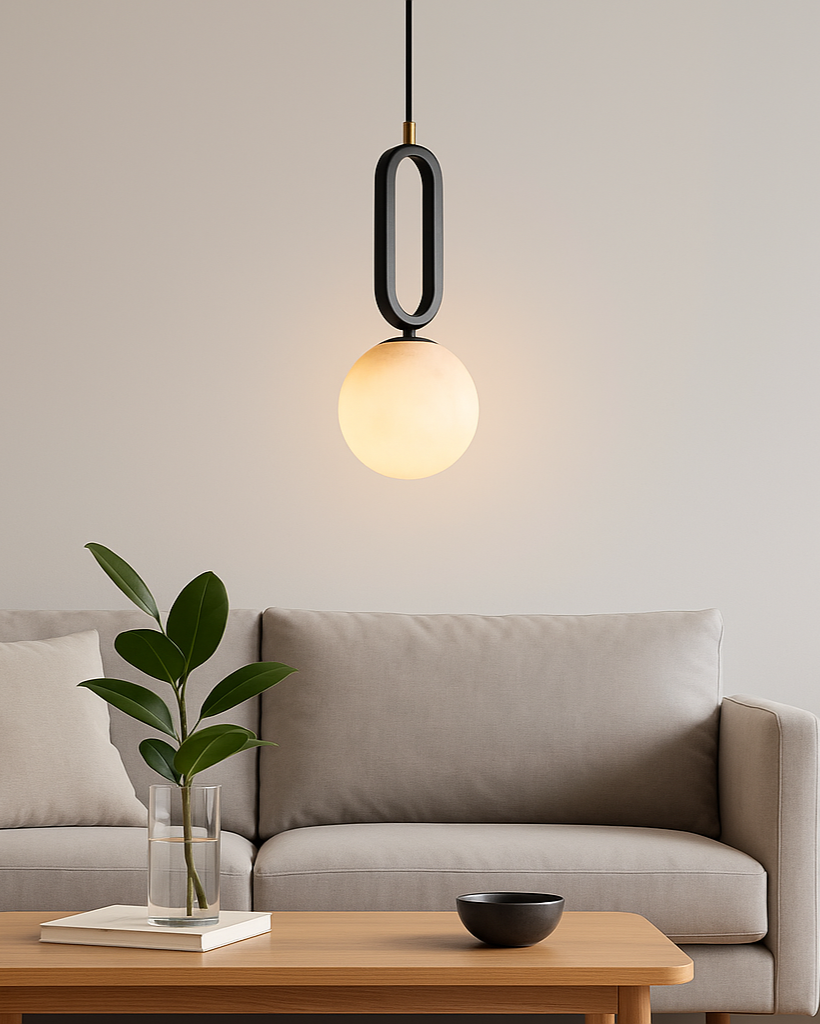 Minimalist round alabaster pendant lamp with warm ambient glow