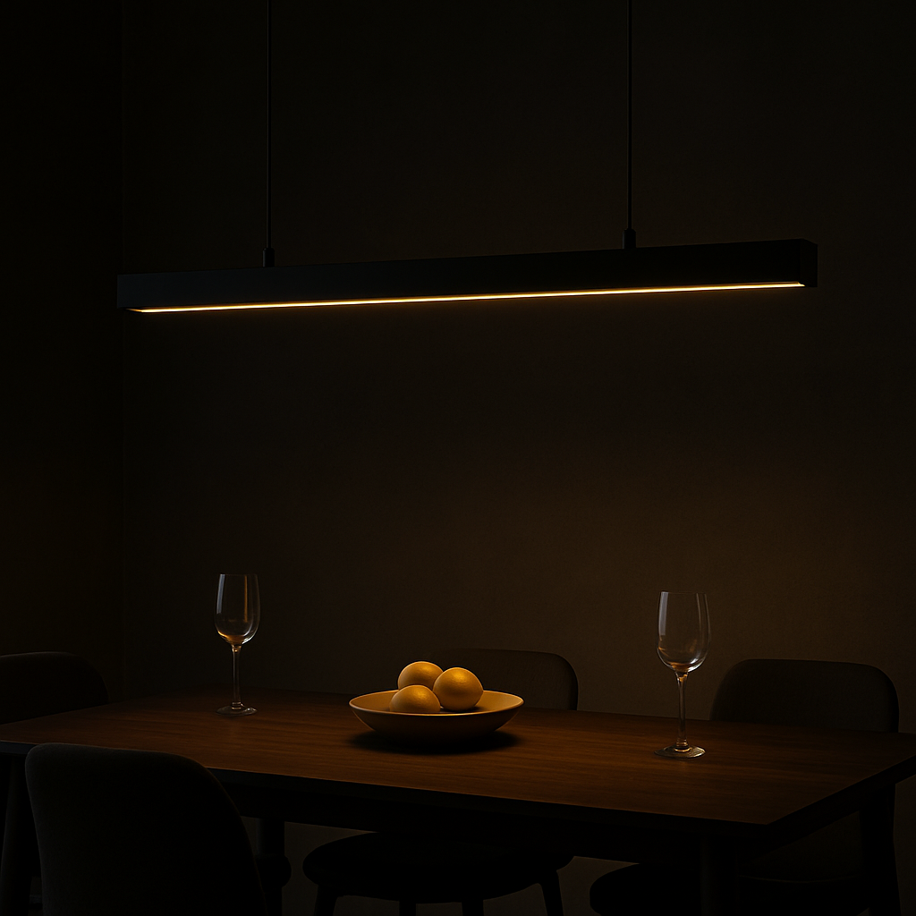 Close-up of matte black aluminum body of LED pendant