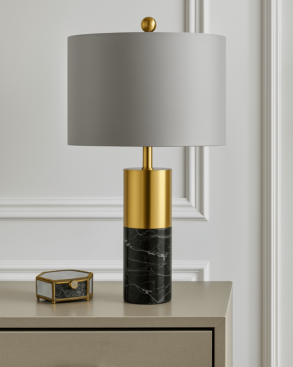 Modern fabric shade table lamp on bedside table in minimal bedroom interior