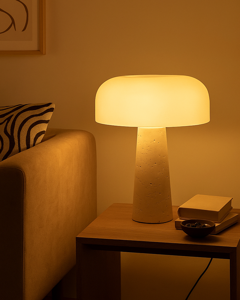 Maro mushroom-style travertine and glass table lamp