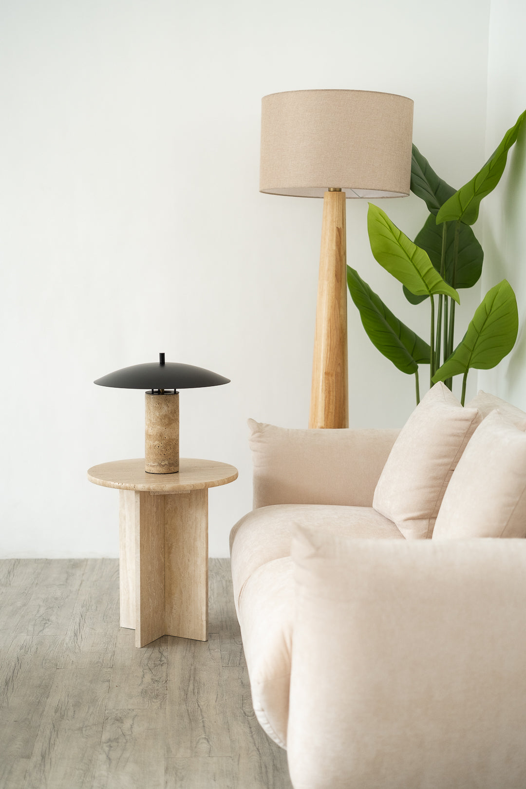 Milo Table Lamp – Travertine Base with Mushroom Shade - TheMinimalObject