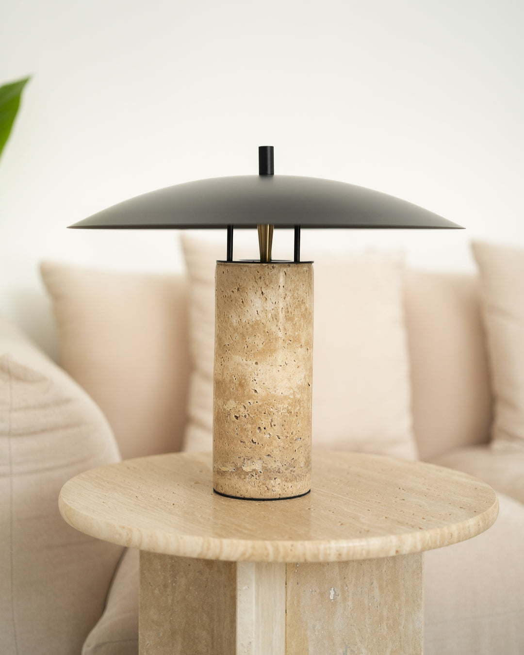 Travertine base table lamp with mushroom-shaped shade