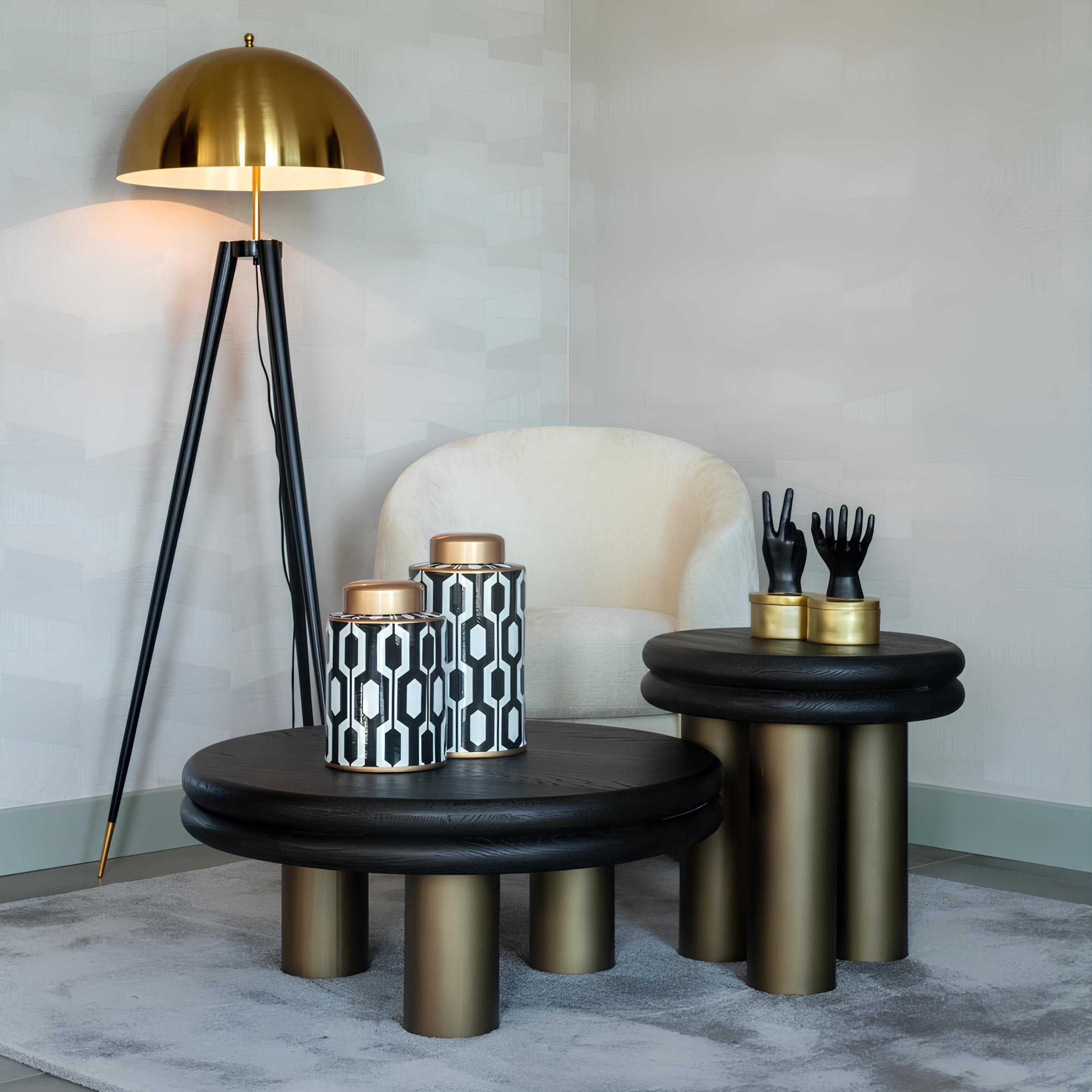Midcentury-inspired standing lamp in brushed gold finish