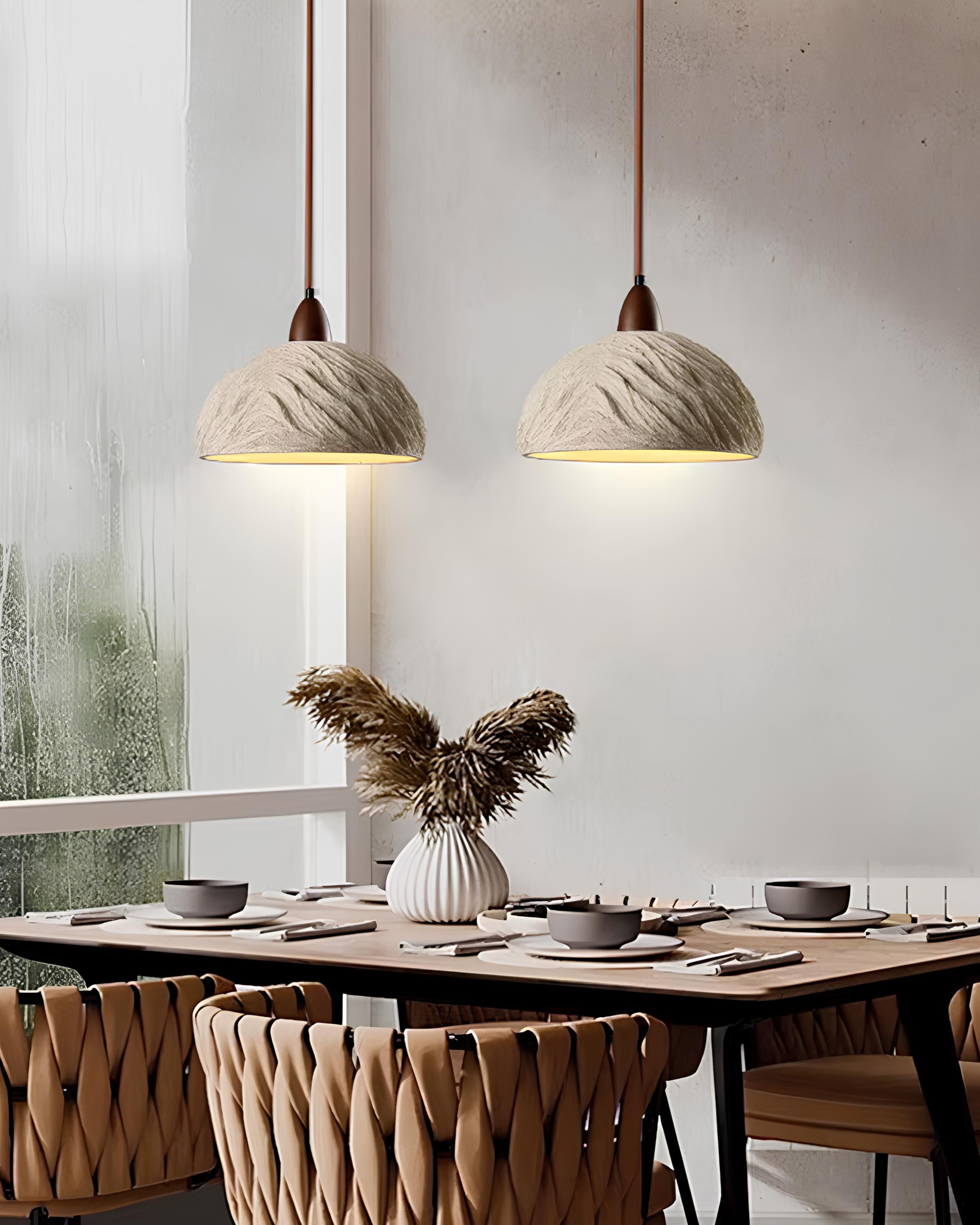 Japanese-style pendant lamp in concrete and wood – modern minimal lighting for kitchen and bar spaces
