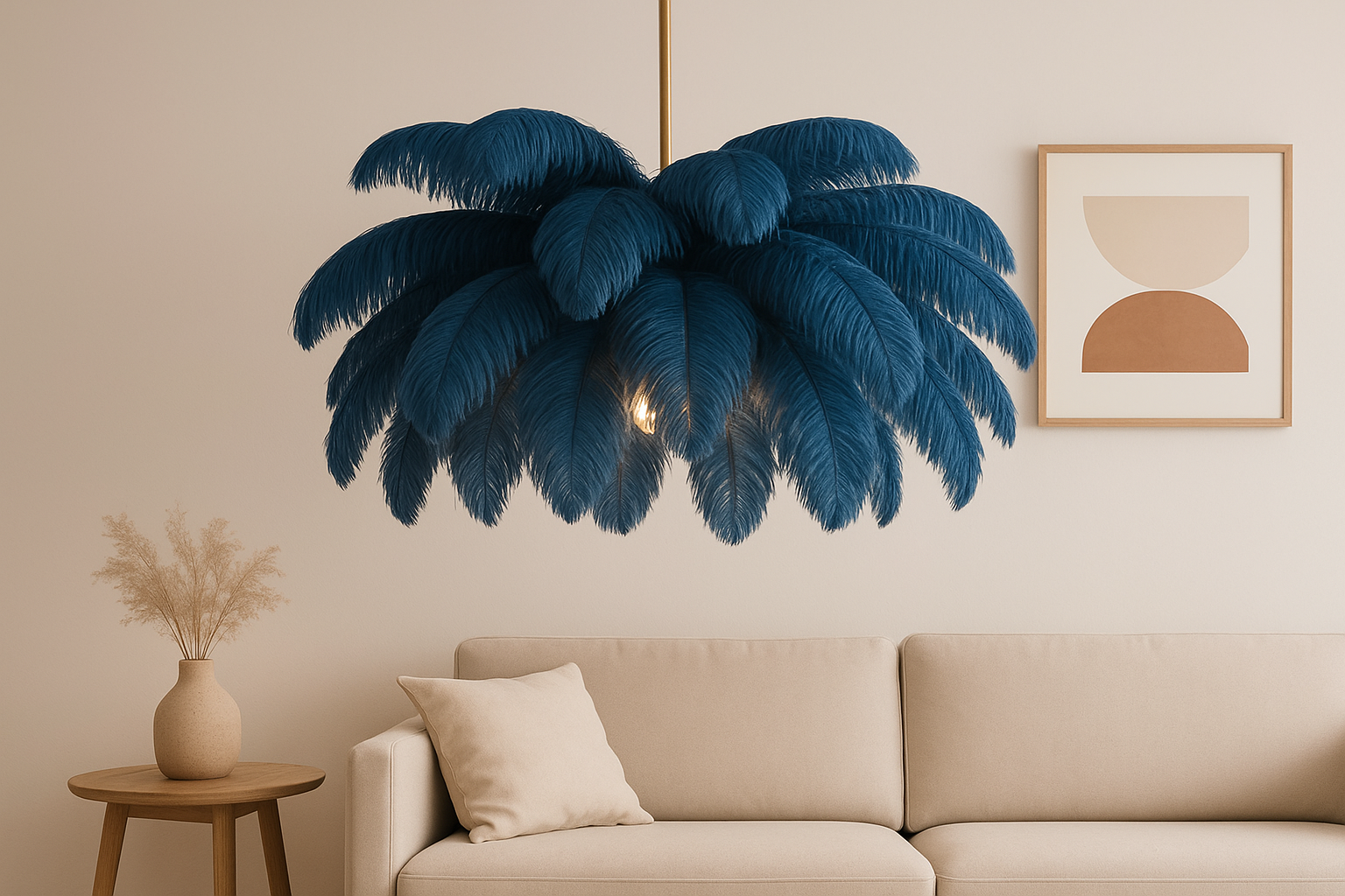 Close-up of faux ostrich feathers on modern pendant light