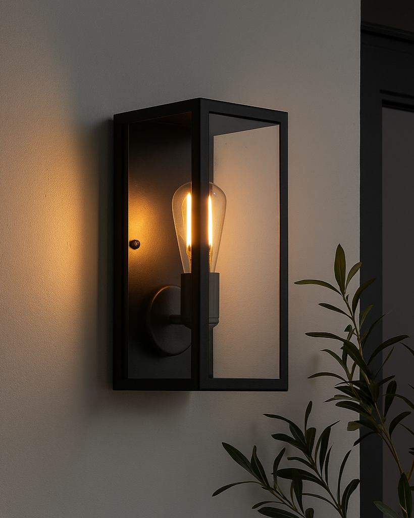 Modern black stainless steel outdoor wall lantern with glass shade