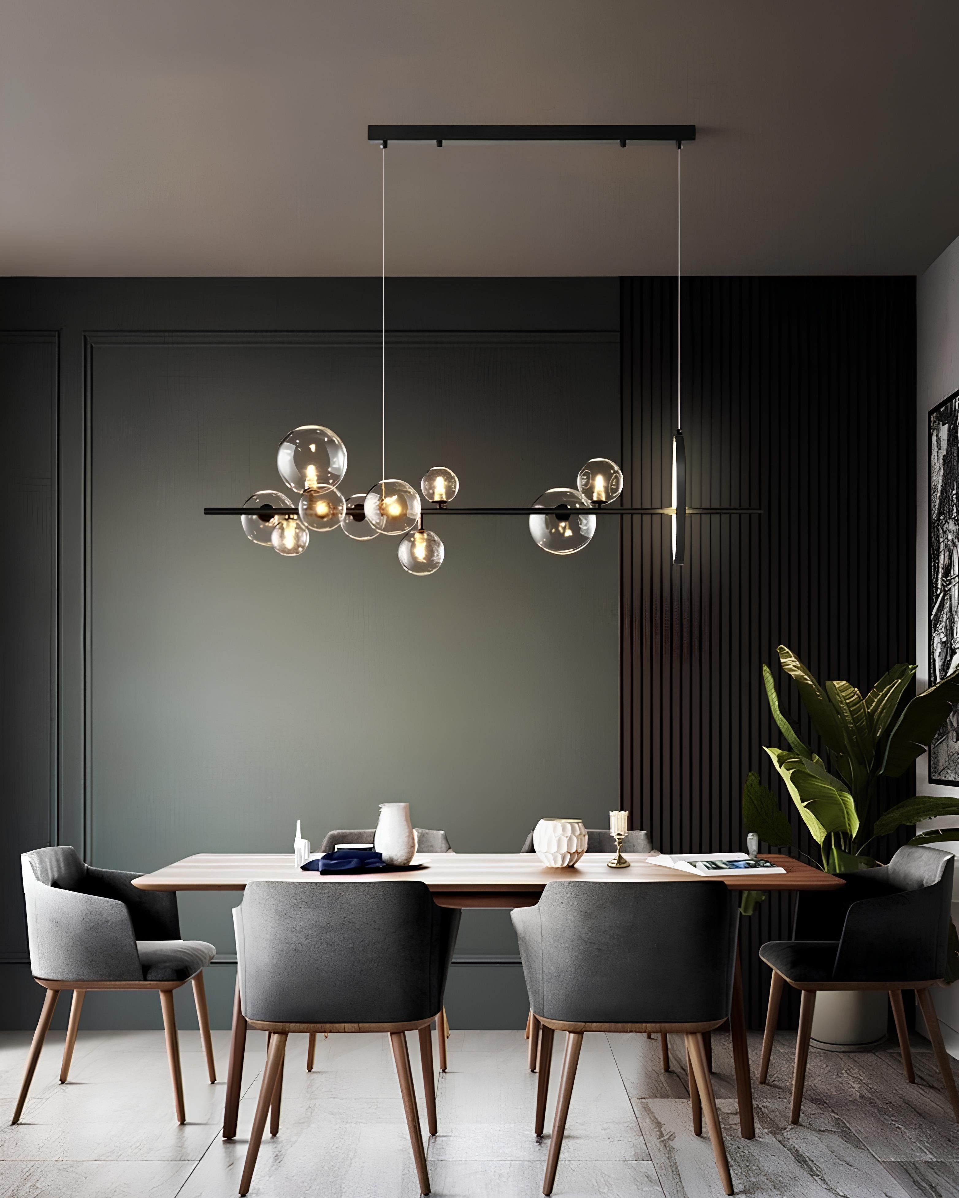 Modern black linear pendant light with round glass globes for dining room