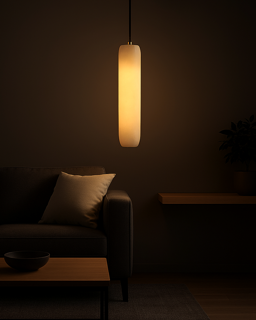 Natural alabaster cylinder pendant light – minimalist stone chandelier for kitchen or dining room